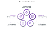 Purple-themed template with five icons arranged in a circular flow surrounded with caption areas for each.