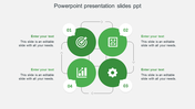 Four green circular icons with numbers 01 to 04, linked by arrows, on a white background with text areas.