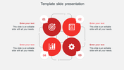 Red infographic with four steps, each containing icons for target, strategy, gear, and bar chart, connected by arrows.