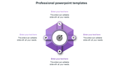 Purple hexagonal design with four circular icons and surrounding text sections arranged symmetrically.