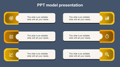 PowerPoint model presentation template with six sections, each containing an icon and text field.