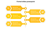 Yellow hexagon timeline with six steps, alternating sides along a vertical path, each with an icon and caption areas.