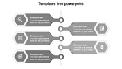 Modern business infographic PPT template with a vertical timeline and five grey hexagonal icons with placeholder text.