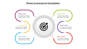 Circular target infographic with six curved colored text boxes in two column around a central bullseye icon in a gray circle.