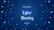 Dynamic blue design with radial lines and floating yellow and teal shapes, featuring cyber monday in bold text.