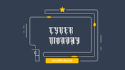 Gothic Cyber Monday text inside a white outlined frame with tech style lines, yellow star, and discount tag at the bottom.