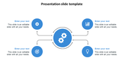 Slide with a central blue gear icon connected to four surrounding circular icons, with text fields.