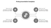 Minimalist PowerPoint template with a central gear icon connected to four surrounding grey icons with placeholder text.