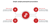 Central red circle with two gear icons linked to four outer red circles showing icons like chart, bulb, target, and cogwheel.