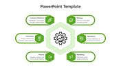 Hexagon diagram with a central gear icon, surrounded by six green text boxes with icons.