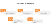 Infographic with six orange square icons linked to captions, arranged in a flowing, offset pattern with white background.