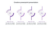 Minimalist creative infographic showing four numbered white circles with purple semi-rings and captions underneath.