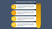 Yellow vertical ribbon with four sections, each featuring an icon and text, on a blue background.