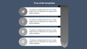 Vertical slide layout with four horizontal white bars containing gray circular icons and text on a dark blue background.