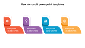 Colorful design with four curved segments in red, purple, blue, and orange, each containing icons and placeholder text.