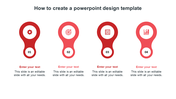 Slide with four red rounded icons, each labeled with a number and containing text areas below.