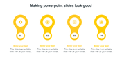 Yellow themed PowerPoint template with four infographic sections displaying icons for settings, target, strategy, and growth.