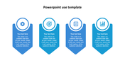 Blue PowerPoint template with four infographic sections featuring icons for settings, target, strategy, and analytics.