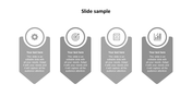 Grayscale slide with four pointed label boxes, gear and chart icons on top, and customizable text sections below each icon.
