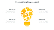 PowerPoint design in yellow hues with a bulb illustration composed of circles and four sections for text.