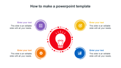 How to make a template with red central lightbulb icon encircled by arrows, with four icons and matching caption areas.