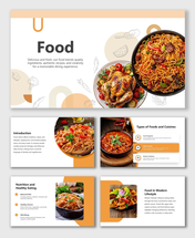 Food Themed PowerPoint Templates with chicken roast, salad bowl, text holders, veggie icons, beige tones, and modern design.