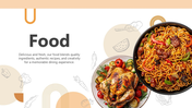 Food Themed PowerPoint Templates with chicken roast, salad bowl, text holders, veggie icons, beige tones, and modern design.