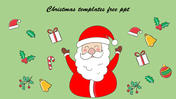 Festive illustration featuring Santa Claus, gifts, holly leaves, and Christmas ornaments against a green background.
