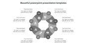 Beautiful grey circular infographic PowerPoint template with eight numbered sections and placeholder text.