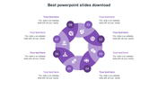 Circular purple infographic with eight segments numbered, each with an icon, and captions surrounding the chart.