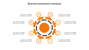 Circular orange business diagram with ten segments, each linked to icons and surrounding text boxes arranged symmetrically.