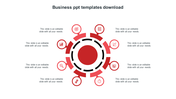 Eight red segments with icons arranged in a circular pattern, surrounded by text placeholders.