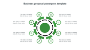 A business proposal slide featuring a central green circle surrounded by icons representing various business aspects.