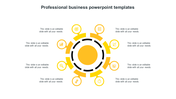Modern business PPT template with a yellow circular infographic and eight icons with placeholder text on a white backdrop.
