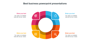 Colorful circular best business PPT template with four labeled sections, each containing an icon and text placeholders.