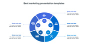 Circular design with five segments, each containing an icon, with text placeholders linked by lines in blue tones.