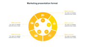Marketing presentation slide format with five sections for text and icons, arranged in a yellow circular layout.
