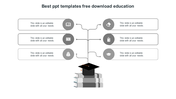 Education themed diagram with six gray icons linked to caption boxes, branching from a central stack of books with a cap.