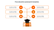 Six orange blocks with icons linked by lines to a central graduation cap above stacked books representing educational themes.