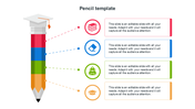 Vertical pencil infographic with a graduation cap and four colored section, each linked to an icon and placeholder text box. 