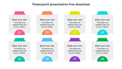 Minimalist slide template with 8 sections, color-coded tabs, numbered from 01 to 08 in a clean, modern design.