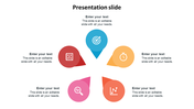 Infographic PPT slide with 5 colorful location marker icons representing different business concepts with placeholder text.