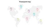 World map with eight colorful location pins placed across continents including North America, Europe, Africa, and Asia.
