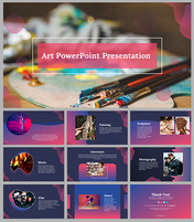 Colorful slide deck with a painted palette and brushes on the cover, followed by slides on painting, and dance etc.