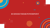 Business title slide design with red background and abstract geometric shapes in blue, yellow, and white.