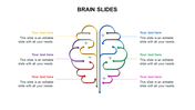 Colorful brain shaped infographic PPT slide with labeled pathways for placeholder text on a white backdrop.
