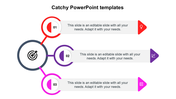 Catchy PowerPoint slide with a three step process design, featuring numbered circles and colorful icons for each step.