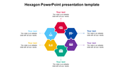 Hexagon infographic with six colorful icons forming a central cluster, each connected to placeholder text on all sides.