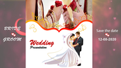 Wedding slide featuring an illustration of a bride and groom, with floral scroll accents and a notice on the right.