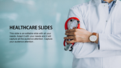 A doctor wearing a white coat and a brown watch, holding a red stethoscope, with text set against a soft backdrop.